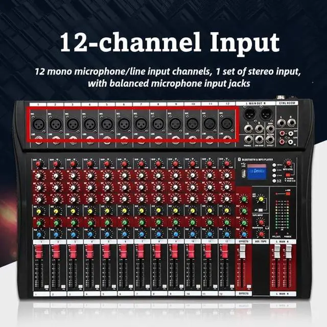 Alt view image 2 of 7 - Professional Audio Mixer, 12 Channel Bluetooth USB Live Studio DJ Mixer Board with MP3 Player U Disk 48V Phantom Power Source XLR Outputs for PC Recording, CT120