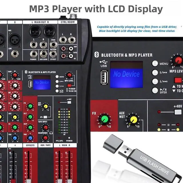 Alt view image 5 of 7 - Professional Audio Mixer, 12 Channel Bluetooth USB Live Studio DJ Mixer Board with MP3 Player U Disk 48V Phantom Power Source XLR Outputs for PC Recording, CT120