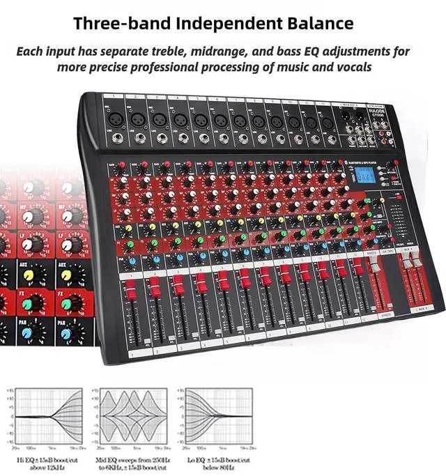 Alt view image 6 of 7 - Professional Audio Mixer, 12 Channel Bluetooth USB Live Studio DJ Mixer Board with MP3 Player U Disk 48V Phantom Power Source XLR Outputs for PC Recording, CT120