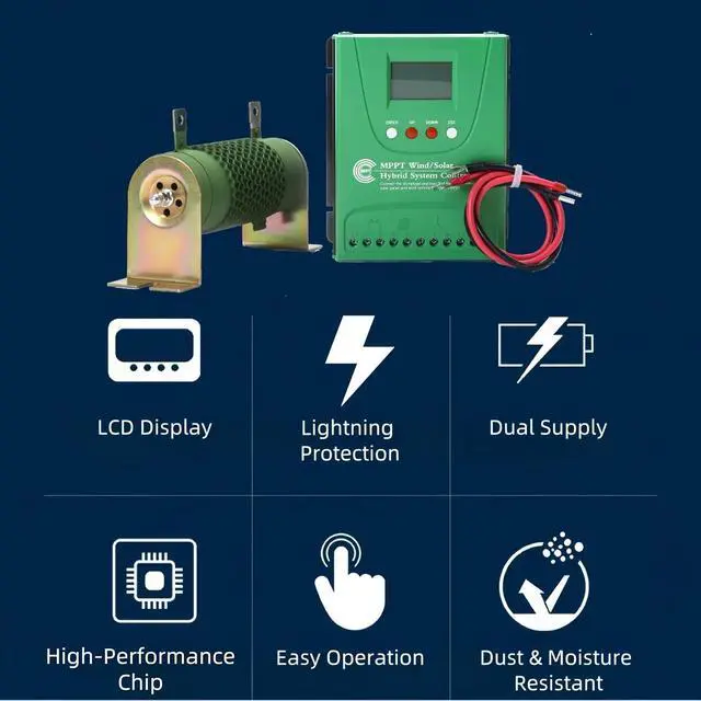 Alt view image 4 of 7 - 2000W Wind Solar Hybrid Charge Controller, 1000W Wind Turbine & 1000W Solar Panel Charge Controller, 12V/24V Battery Off Grid MPPT Boost Charge Regulator with Dump Load for Home Street Light