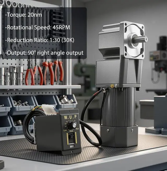 Alt view image 2 of 7 - 110V 120W Electric Gear Motor, 20nm High Torque AC Motor with Variable Speed Controller, 45RPM Variable Speed Motor, 1:30 (30K) Geared Motor, 90° Right Angle Output