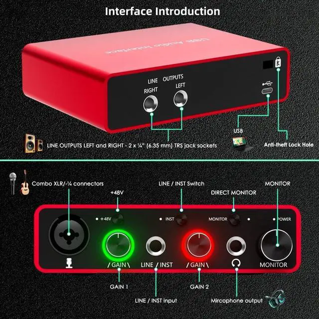 Alt view image 4 of 7 - USB Audio Interface for PC, 48V Phantom Power Audio Interface for Computer Recording Music, Podcasting, and Streaming, 24-Bit/192kHz, XLR & 1/4 Combo Connectors, LINE/INST Input
