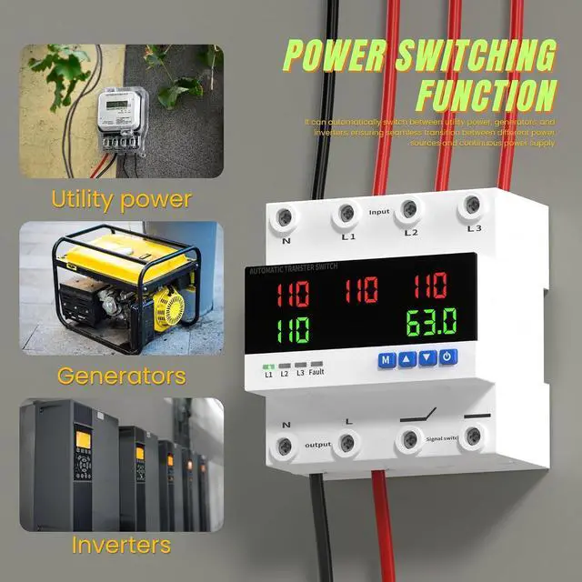 Alt view image 3 of 7 - 63A 110V/240V Automatic Transfer Switch | 50/60Hz Over and Under Voltage Protector for Generator Backup Power, DIN Rail Mount