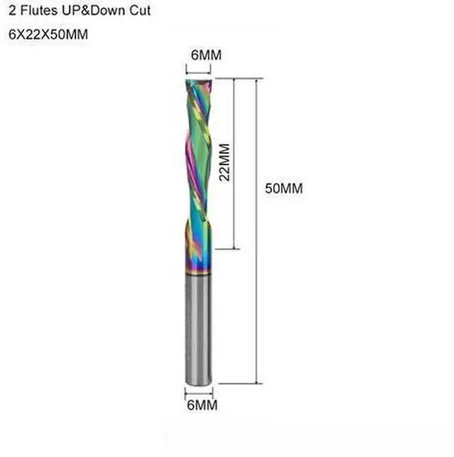 Main image of 1 pieces 6X22X50MM DLC Coat Two Flutes UP And DOWN Cut Spiral Carbide Mill Cutters for Compression Wood PVC End Mill Cutter Bits
