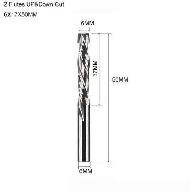 Main image of Two Flutes UP And DOWN Cut Spiral Carbide Mill Cutters for Compression Wood PVC End Mill Cutter Bits(6X17X50MM