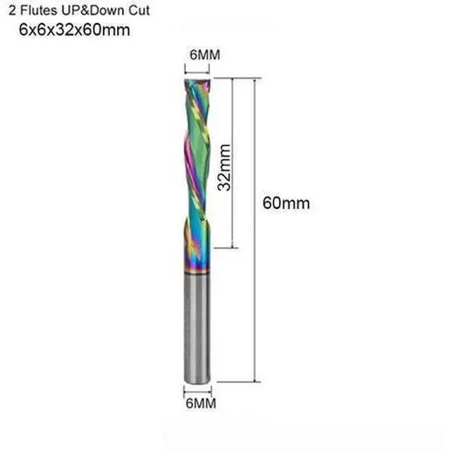 Main image of 1 pieces 6X32X60MM DLC Coat Two Flutes UP And DOWN Cut Spiral Carbide Mill Cutters for Compression Wood PVC End Mill Cutter Bits