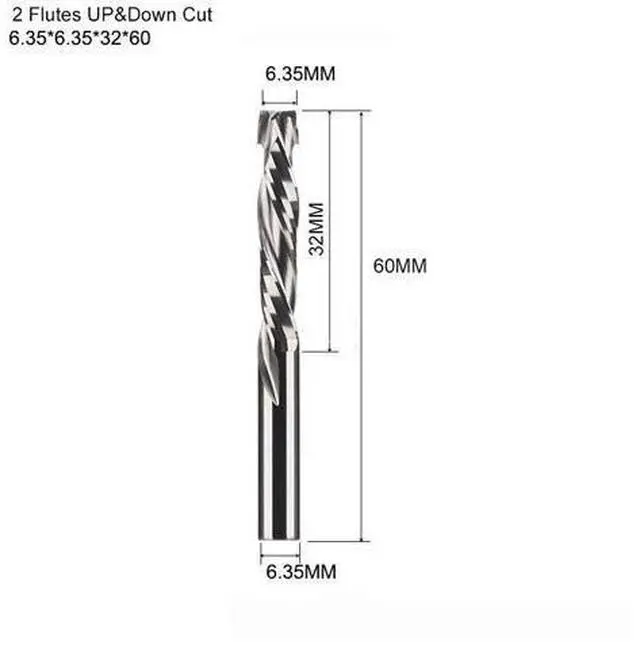 Main image of 1 pieces 6.35x32x60MM Two Flutes UP And DOWN Cut Spiral Carbide Mill Cutters for Compression Wood PVC End Mill Cutter Bits