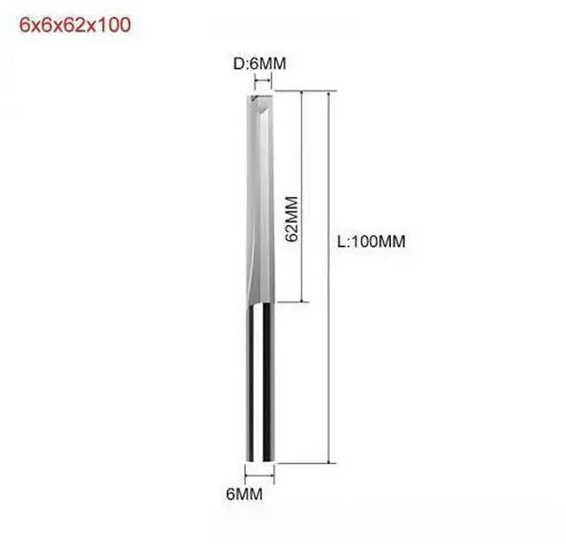 Main image of 1piece Two Flutes Straight Slot End Milling Cutter For Wood CNC Engraving Cutters Carbide Endmills Tool 6X6X62X100