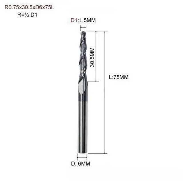 Main image of R0.75x30.5xD6x75L HRC55 Tapered Ball Nose End Mill Tungsten Solid Carbide Coated Tapered Cone Cnc Milling Cutter