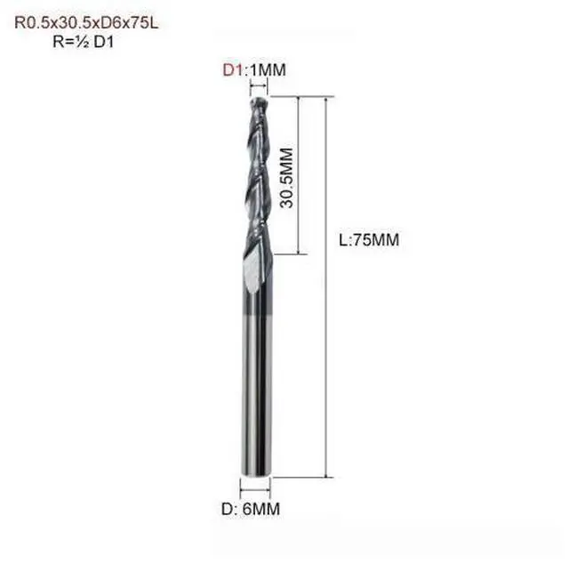 Main image of R0.5x30.5xD6x75L HRC55 Tapered Ball Nose End Mill Tungsten Solid Carbide Coated Tapered Cone Cnc Milling Cutter