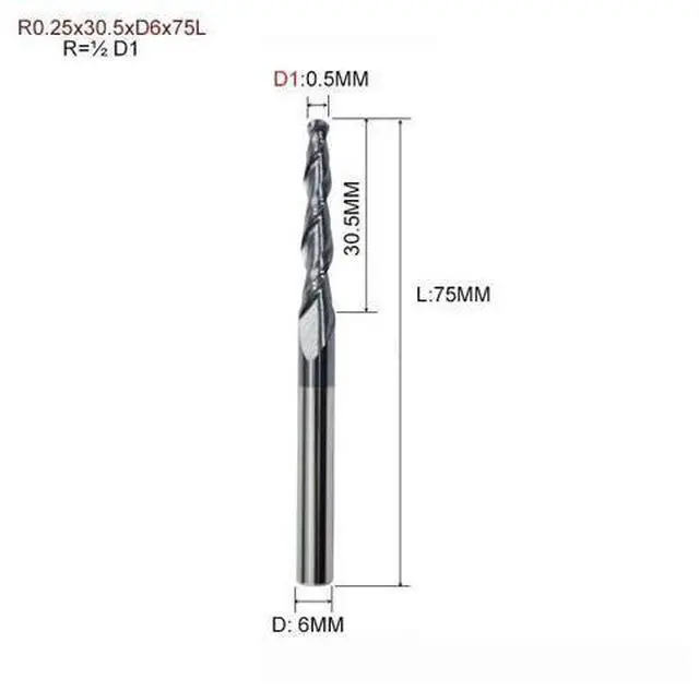 Main image of R0.25x30.5xD6x75L HRC55 Tapered Ball Nose End Mill Tungsten Solid Carbide Coated Tapered Cone Cnc Milling Cutter