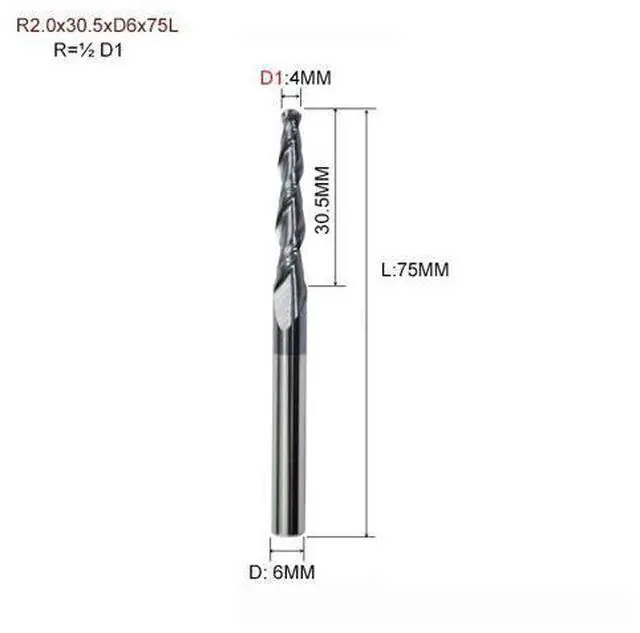 Main image of 1pc Tapered Ball Nose End Mill Tungsten Solid Carbide Coated Tapered Cone Cnc Milling Cutter R2.0x30.5xD6x75L