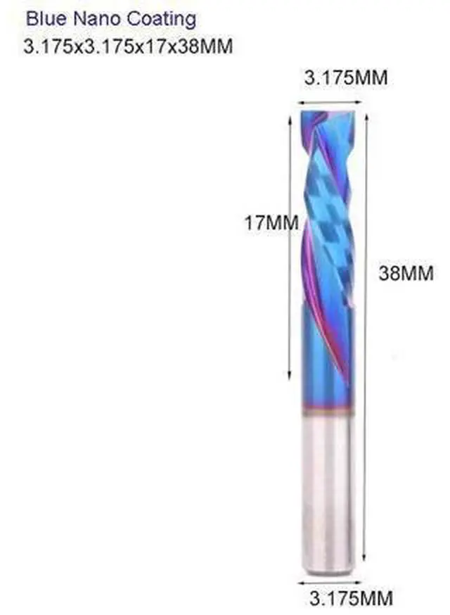 Main image of 5 pieces 3.175X17X38 Blue Nano Two Flutes UP And DOWN Cut Spiral Carbide Mill Cutters for Compression Wood PVC End Mill Cutter Bits