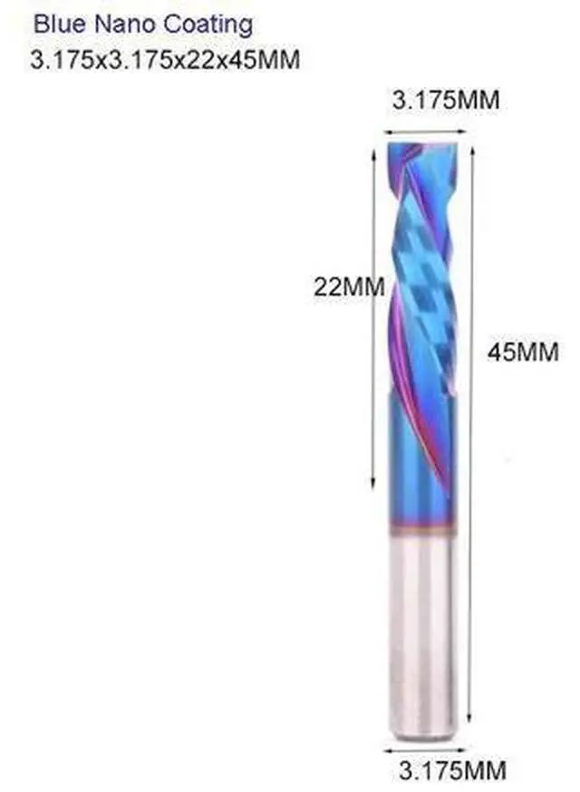 Main image of 5 pieces 3.175X22X45 BlueNano Two Flutes UP And DOWN Cut Spiral Carbide Mill Cutters for Compression Wood PVC End Mill Cutter Bits