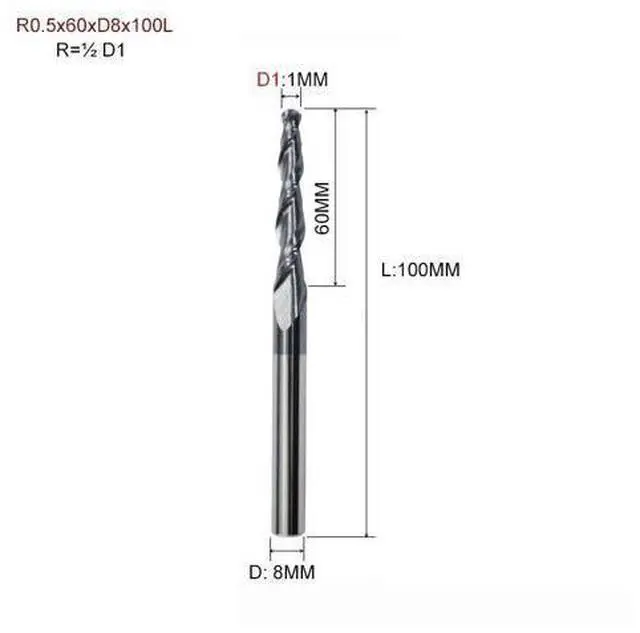 Main image of R0.5x60xD8x100L HRC55 Tapered Ball Nose End Mill Tungsten Solid Carbide Coated Tapered Cone Cnc Milling Cutter