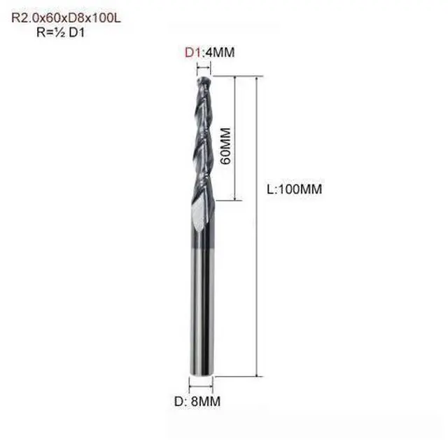 Main image of 1pc Tapered Ball Nose End Mill Tungsten Solid Carbide Coated Tapered Cone Cnc Milling Cutter R2.0x60xD8x100L