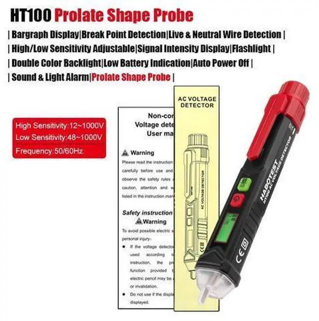 Main image of First picture~ Voltage Indicator Smart AC Voltage Detector Non Contact Electric Tester pen Breakpoint Finder Neutral Live Wire Check(Gold HT100 Prolate Probe )
