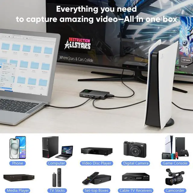 Alt view image 5 of 7 - HDMI Capture Card, Standalone Video Recorder with 4K60 Passthrough & 1080p60 Recording, HDMI or DisplayPort Over USB-C, AUX Earphone Monitor, Phone, PC, Media Player, TV Stick