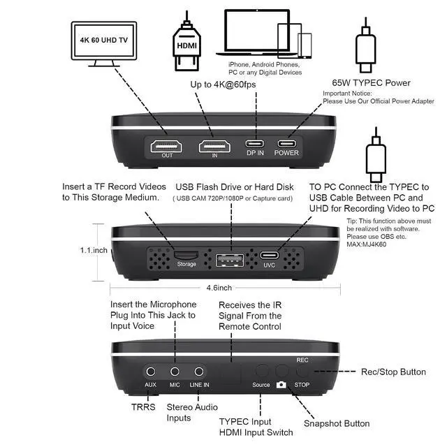 Alt view image 4 of 7 - 4K60 Video Capture Box-Switchable Video Recorder,Compatible with Consoles, Cameras, Set-Top Boxes, PCs, 4K TVs, Projectors, Monitors