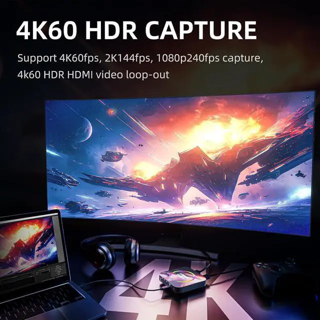 Alt view image 2 of 7 - USB 3.2 4K60 Game Capture Card - 1080P 240 FPS & HDR VRR Passthrough, Near-Zero Latency, OBS Certified, Plug & Play - Record & Stream with PC, PS5, Switch