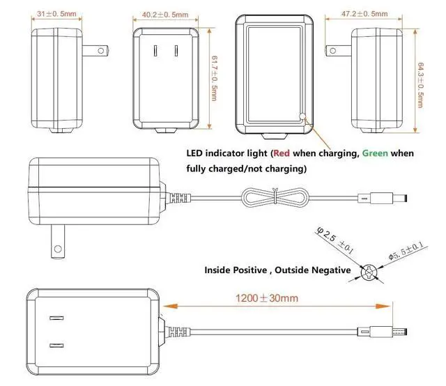 Alt view image 3 of 7 - 16.8V 1A Power Adapter Battery Charger with LED Indicator DC Port 5.5x2.5mm & 2.1mm Suitable for Charging 14.4V, 14.8V, 16.8V 4-String Lithium Batteries
