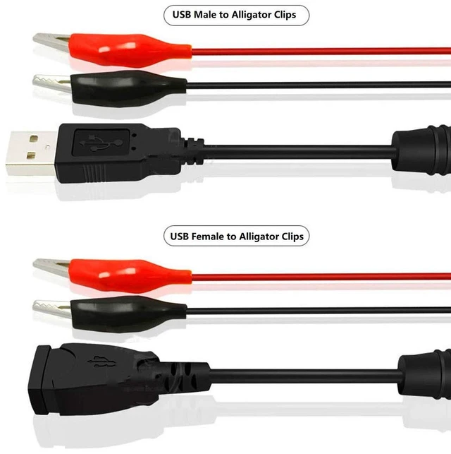 Alt view image 2 of 7 - Alligator Clips to USB Male Test Lead Adapter 18AWG Red Black Wire Maximum 10A Current 12 Inches Alligator Clips USB Test Lead (Pack of 2)