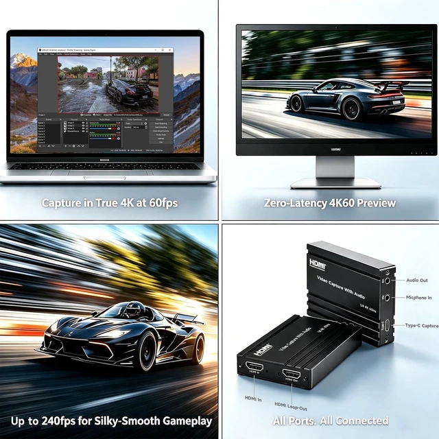 Alt view image 3 of 7 - 4K60 HDMI Capture Card with USB 3.2 Type-C, True 4K@60 Capture & 4K@60 Loop-Out, 1080P240/2K144 High Refresh Rate Capture, Mic/Audio Input, for PS5/Xbox/Switch/PC/OBS Streaming