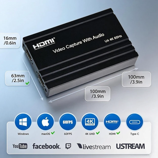 Alt view image 7 of 7 - 4K60 HDMI Capture Card with USB 3.2 Type-C, True 4K@60 Capture & 4K@60 Loop-Out, 1080P240/2K144 High Refresh Rate Capture, Mic/Audio Input, for PS5/Xbox/Switch/PC/OBS Streaming