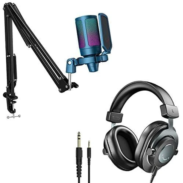 Main image of RGB Condenser Computer Microphone 3.5mm/6.35mm Monitoring Headphones, Podcast Microphone with Tap-to-Mute, Gain Knob, Over Ear Wired Headphones with Passive Noise-Canceling-Blue (A6TB+H8)