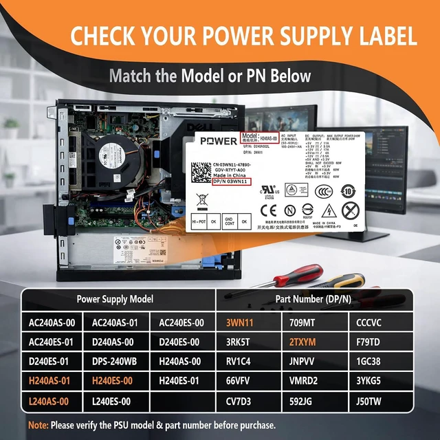 Alt view image 4 of 7 - 240W Power Supply for Dell OptiPlex 390 790 3010 7010 SFF