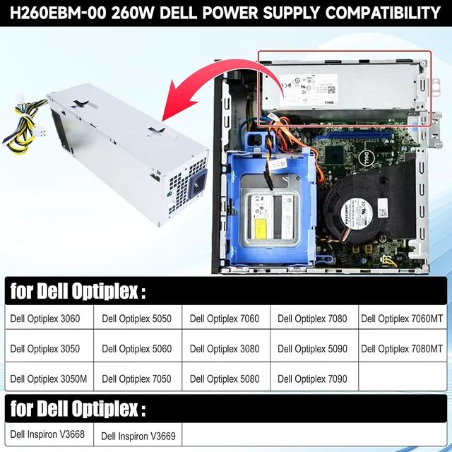 Alt view image 2 of 7 - 260W H260EBM-00 Power Supply Compatible with Dell Optiplex 3050 3060 3050M 5050 5060 7050 7060 7080 3080 5080 5090 7090 7080MT H7X3F Switching Power Supply 6Pin+4Pin