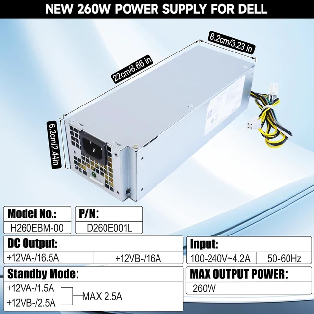 Alt view image 3 of 7 - 260W H260EBM-00 Power Supply Compatible with Dell Optiplex 3050 3060 3050M 5050 5060 7050 7060 7080 3080 5080 5090 7090 7080MT H7X3F Switching Power Supply 6Pin+4Pin