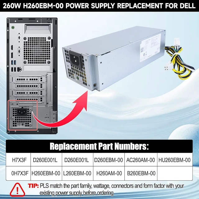 Alt view image 4 of 7 - 260W H260EBM-00 Power Supply Compatible with Dell Optiplex 3050 3060 3050M 5050 5060 7050 7060 7080 3080 5080 5090 7090 7080MT H7X3F Switching Power Supply 6Pin+4Pin