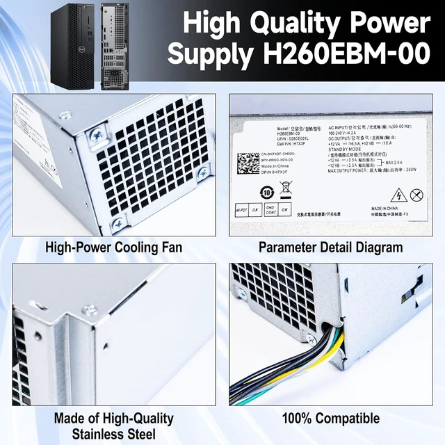 Alt view image 5 of 7 - 260W H260EBM-00 Power Supply Compatible with Dell Optiplex 3050 3060 3050M 5050 5060 7050 7060 7080 3080 5080 5090 7090 7080MT H7X3F Switching Power Supply 6Pin+4Pin