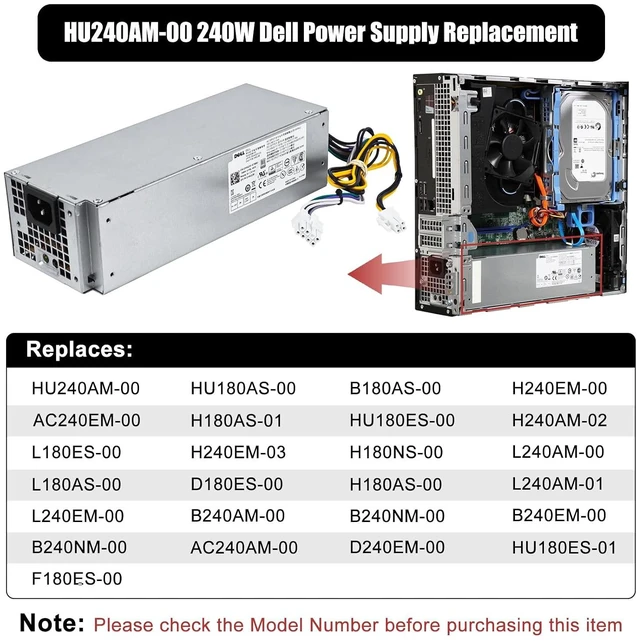 Alt view image 3 of 7 - 240W Power Supply for Dell Inspiron 3650 3656 Optiplex 3040 5040 7040 SFF HU240AM-00 AC240EM-00 L240NM-00 P/N: THRJK 04GTN5 4GTN5 H62JR 2P1RD AC240NM-00 B240NM-00 H62JR 3RK5T HU240NM-00 (8+4p)