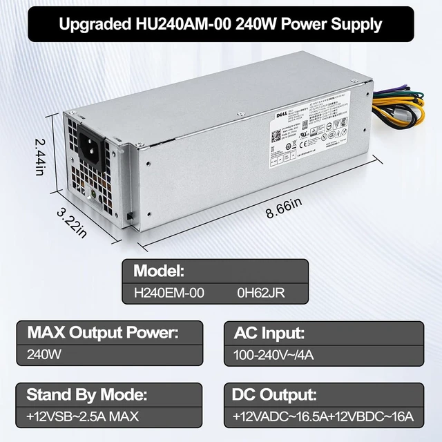 Alt view image 6 of 7 - 240W Power Supply for Dell Inspiron 3650 3656 Optiplex 3040 5040 7040 SFF HU240AM-00 AC240EM-00 L240NM-00 P/N: THRJK 04GTN5 4GTN5 H62JR 2P1RD AC240NM-00 B240NM-00 H62JR 3RK5T HU240NM-00 (8+4p)