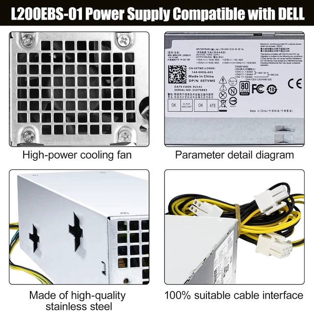 Alt view image 6 of 6 - L200EBS-01 200W Power Supply 5TVM5 Power Supply H200EBS-01 Compatible with Dell Optiplex 3060 3050 3050M 7050 7060 3080 5080 7080MT Dell Inspiron 3470 H200EPS-01 VFXXF PA-2201-3DB K92TW