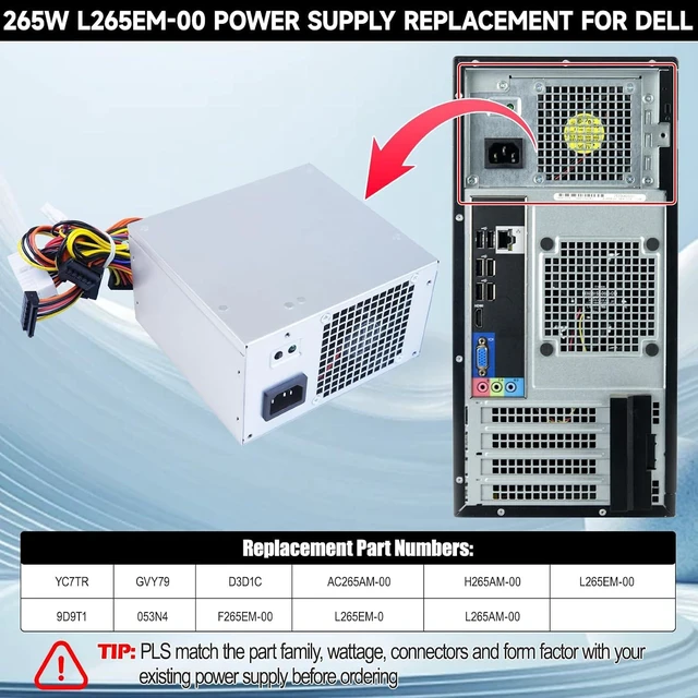 Alt view image 6 of 7 - L265EM-00 265W Power Supply Compatible with Dell Optiplex 390 3010 790 990 MT Mini Tower, YC7TR 9D9T1 GVY79 053N4 D3D1 F265EM-00 AC265AM-00 H265AM-00 L265AM-00 Power Supply Replacement