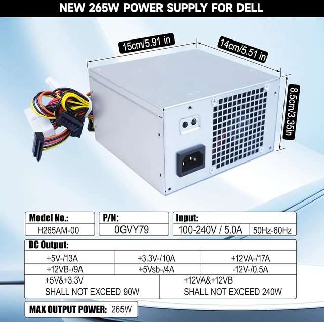 Alt view image 7 of 7 - L265EM-00 265W Power Supply Compatible with Dell Optiplex 390 3010 790 990 MT Mini Tower, YC7TR 9D9T1 GVY79 053N4 D3D1 F265EM-00 AC265AM-00 H265AM-00 L265AM-00 Power Supply Replacement