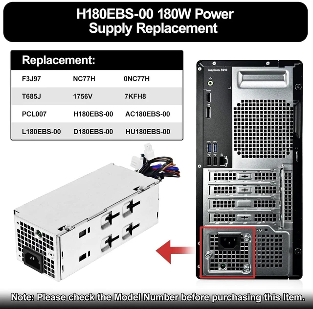 Alt view image 3 of 6 - AC180EBS-00 PCL007 180W Power Supply Replacement for Dell Inspiron 3910 Vostro 3690 3710 Optiplex 3990 3991 3900 3901 7000MT H180EBS-00 D180EBS-00 F3J97 T685J NC77H Power Supply