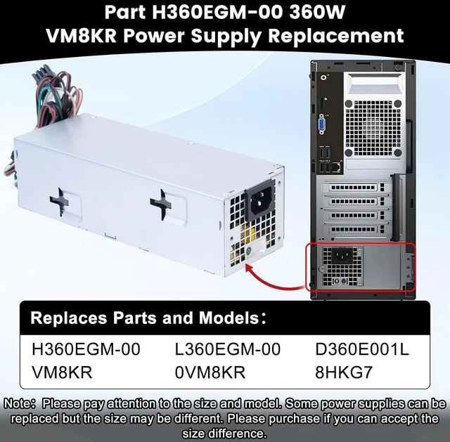 Alt view image 2 of 7 - H360EGM-00 VM8KR 360W Power Supply Compatible with Dell Optiplex 3050 7050 7060 3050MT 7050MT 7060MT Vostro 3668 3669 SFF 0VM8KR D360E001L L360EGM-00 8HKG7 (8Pin+6Pin+4Pin Connector)