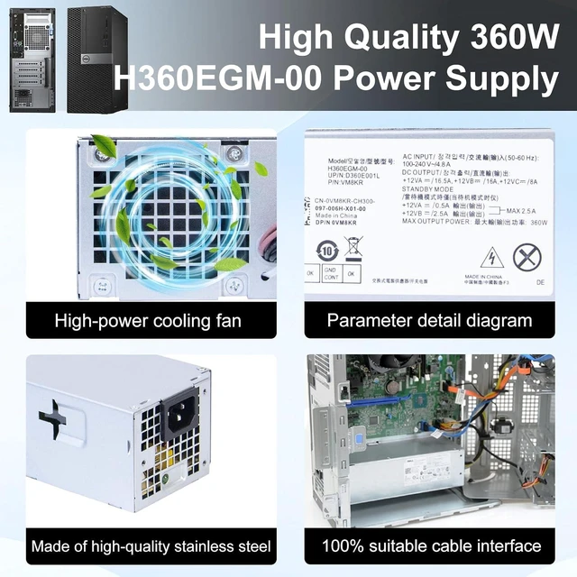 Alt view image 6 of 7 - H360EGM-00 VM8KR 360W Power Supply Compatible with Dell Optiplex 3050 7050 7060 3050MT 7050MT 7060MT Vostro 3668 3669 SFF 0VM8KR D360E001L L360EGM-00 8HKG7 (8Pin+6Pin+4Pin Connector)