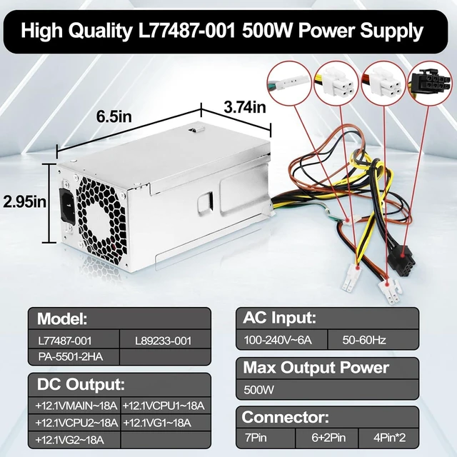 Alt view image 4 of 6 - L77487-001 L89233-001 500W PSU Power Supply Compatible with HP 280 G8 Pro Z2 G5 Festo Replacement Parts L77487-003 L81009-800 PA-5501-2HA DPS-500AB-51 TE01 TG01 Power Supply