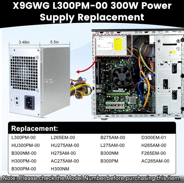 Alt view image 2 of 7 - Li-Sun L300PM-00 300W PS-6301-06D Power Supply Compatible with Dell 3847 MT Power Supply Dell Optiplex Inspiron Studio Precision Vostro Computer Replaces HU300PM-00 B300NM-00 L265EM-00 PowerSupply