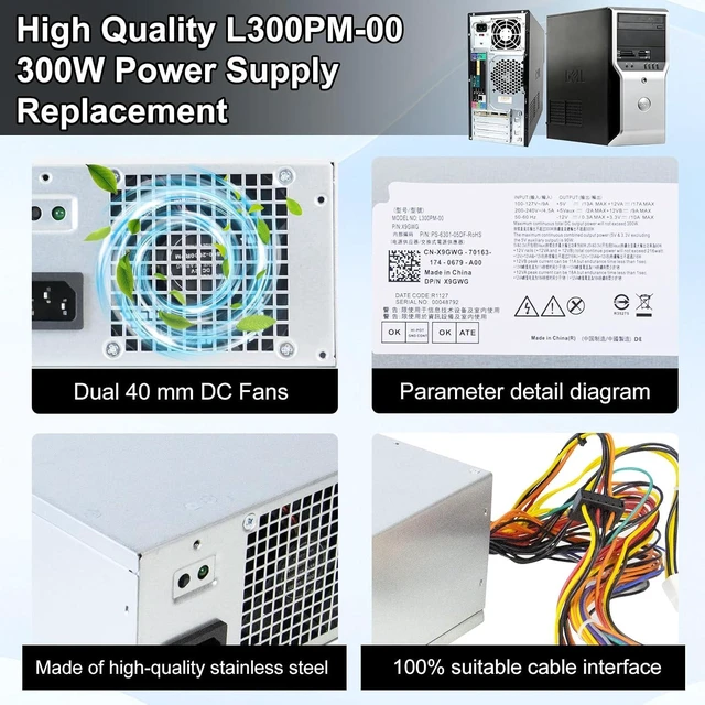 Alt view image 5 of 7 - Li-Sun L300PM-00 300W PS-6301-06D Power Supply Compatible with Dell 3847 MT Power Supply Dell Optiplex Inspiron Studio Precision Vostro Computer Replaces HU300PM-00 B300NM-00 L265EM-00 PowerSupply
