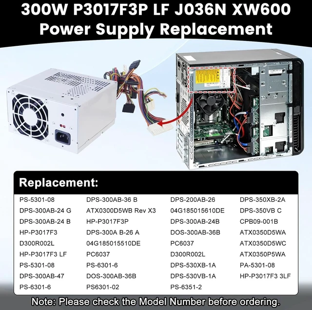 Alt view image 2 of 7 - 300W P3017F3P LF J036N XW600 Power Supply Replacement for Dell Vostro, Studio Precision Series Mini Towers Systems PS-5301-08, D300R002L PS-6301-6 DPS-300AB-24 DPS-300AB-24 G Power Supply