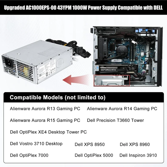 Alt view image 2 of 7 - AC1000EPS-00 43YPM 1000W Power Supply Compatible with dell XPS 8950 8960 Alienware Aurora R13/R14/R15/R16 Precision T3660 T3680 T7865 XE4 L1000EPS-00 D1000EPS-00 043YPM R61D8 RD0G0 PSU
