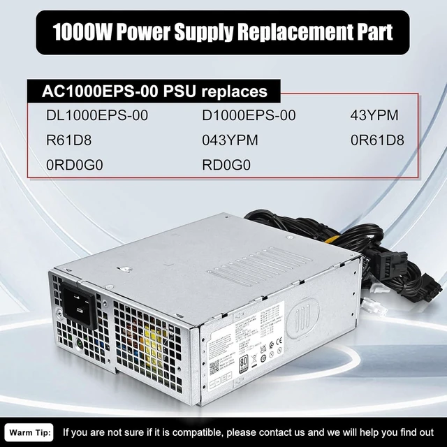 Alt view image 3 of 7 - AC1000EPS-00 43YPM 1000W Power Supply Compatible with dell XPS 8950 8960 Alienware Aurora R13/R14/R15/R16 Precision T3660 T3680 T7865 XE4 L1000EPS-00 D1000EPS-00 043YPM R61D8 RD0G0 PSU