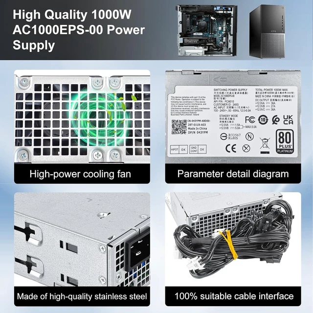 Alt view image 6 of 7 - AC1000EPS-00 43YPM 1000W Power Supply Compatible with dell XPS 8950 8960 Alienware Aurora R13/R14/R15/R16 Precision T3660 T3680 T7865 XE4 L1000EPS-00 D1000EPS-00 043YPM R61D8 RD0G0 PSU