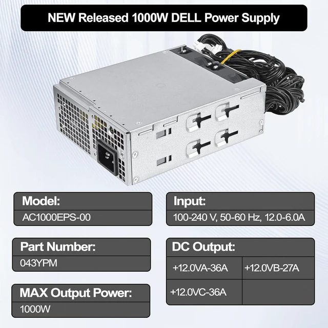 Alt view image 5 of 7 - AC1000EPS-00 43YPM 1000W Power Supply Compatible with dell XPS 8950 8960 Alienware Aurora R13/R14/R15/R16 Precision T3660 T3680 T7865 XE4 L1000EPS-00 D1000EPS-00 043YPM R61D8 RD0G0 PSU